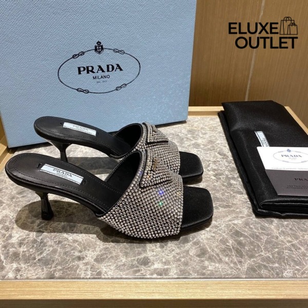 Satin Slides Schwarz mit Kristallen 7,5 cm