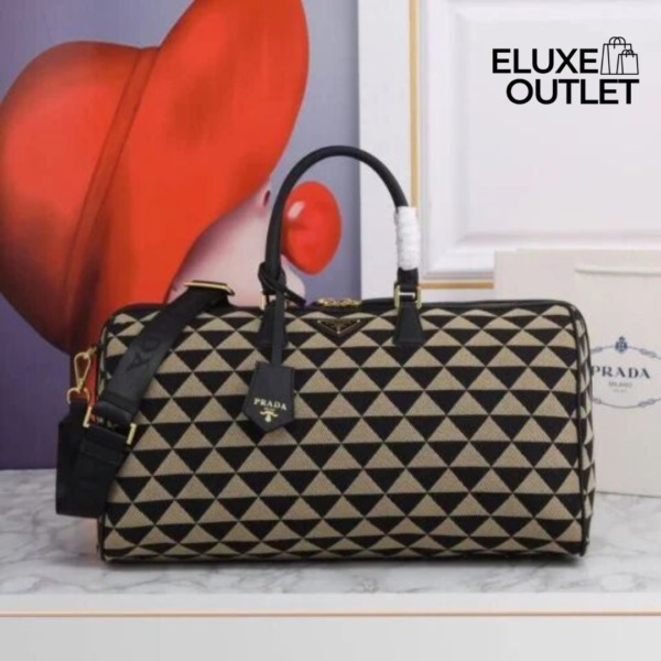 Symbole bestickte Stoff-Reisetasche Schwarz/Beige 50 cm