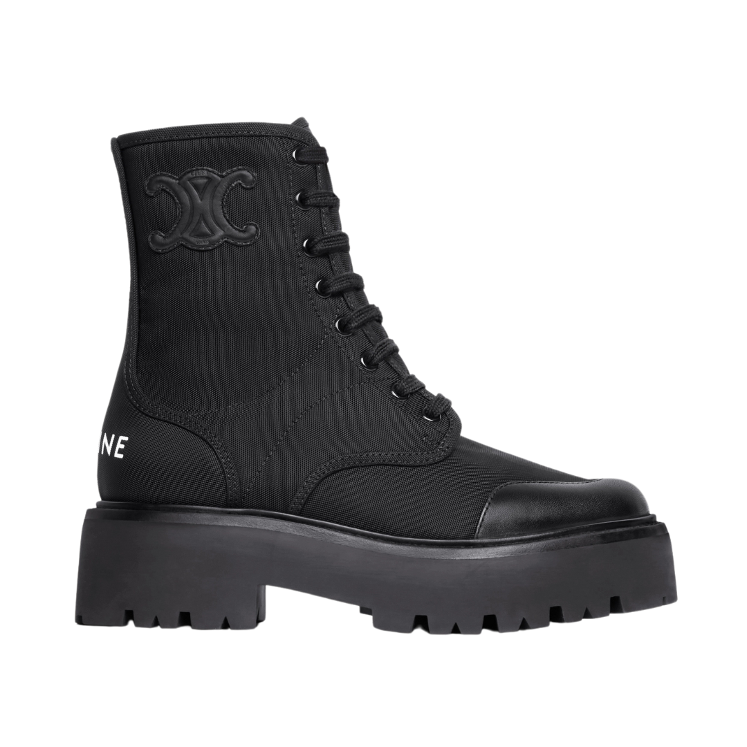 Bulky Schnürstiefel aus Nylon und glänzendem Bullenleder Schwarz