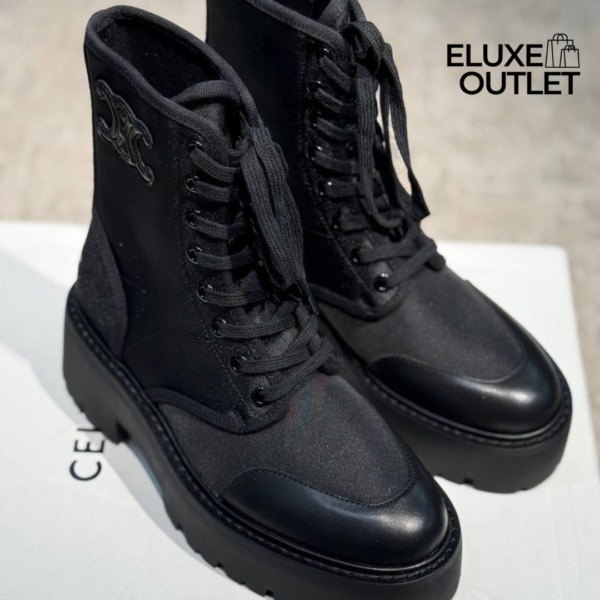 Bulky Schnürstiefel aus Nylon und glänzendem Bullenleder Schwarz