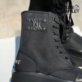 Bulky Schnürstiefel aus Nylon und glänzendem Bullenleder Schwarz