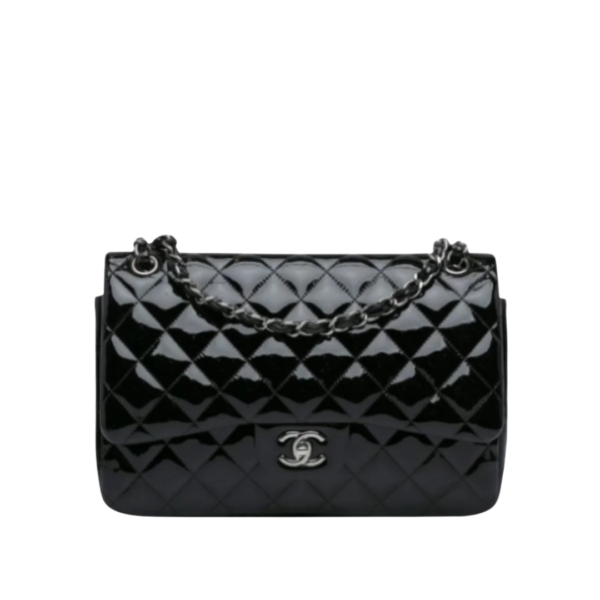 Classic Double Flap Jumbo Lackleder Schwarz 30 cm