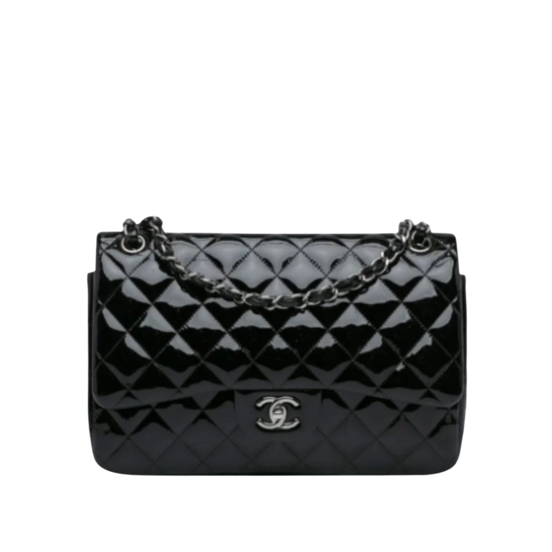 Classic Double Flap Jumbo Lackleder Schwarz 30 cm