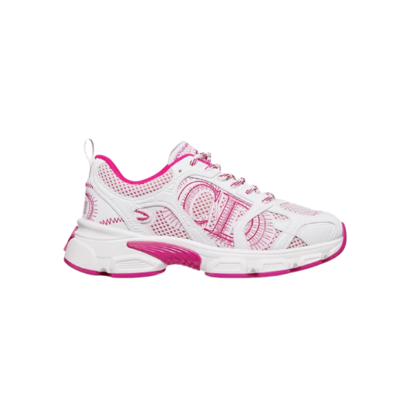 Witte en fuchsia mesh met panelen in leerlook