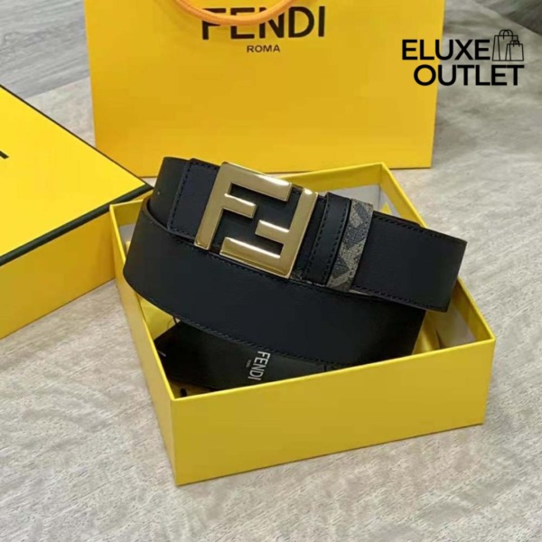 Beidseitiger Gürtel aus schwarzem Leder und Stoff mit FF-Muster 3,8cm