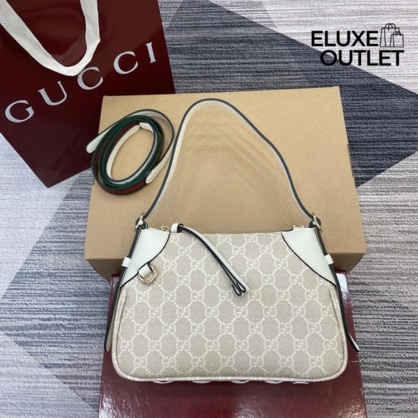 Emblem Schultertasche Beige und Weiß 24.5cm