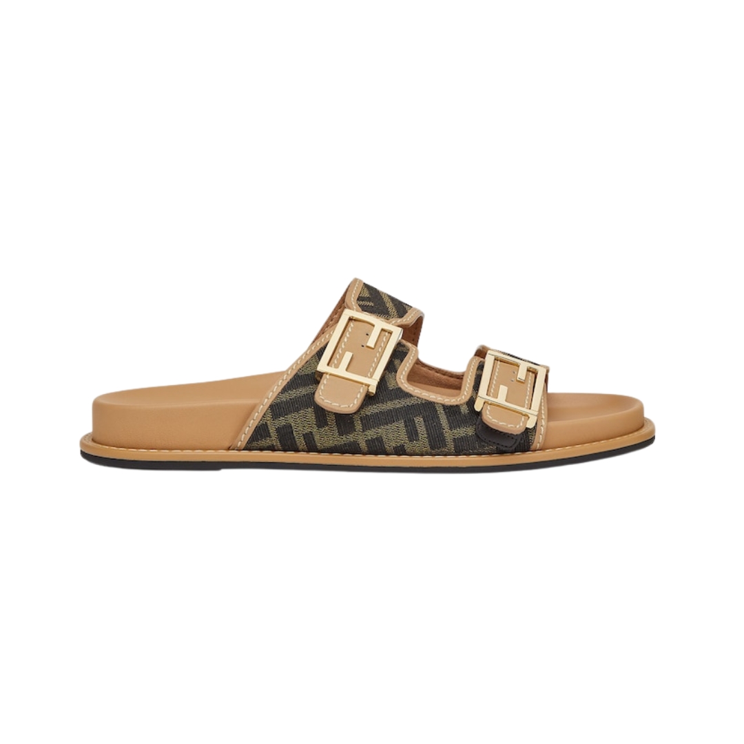 Braune Stoff-Slipper mit FF-Muster