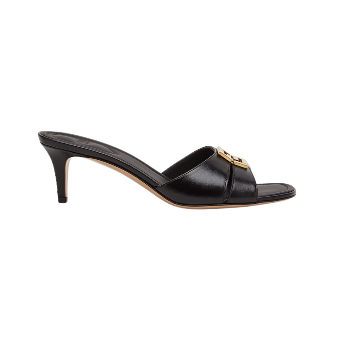 Sandalen aus schwarzem Leder mit mittelhohem Absatz 5.5cm