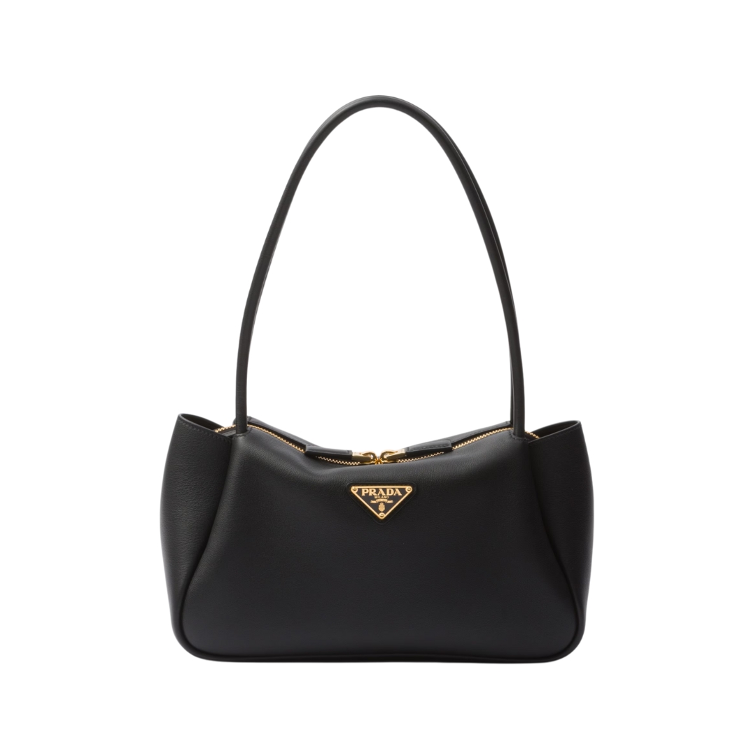 Mittelgroße Lederschultertasche in Schwarz 16cm