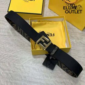 Beidseitiger Gürtel aus schwarzem Leder und Stoff mit FF-Muster 3,8cm