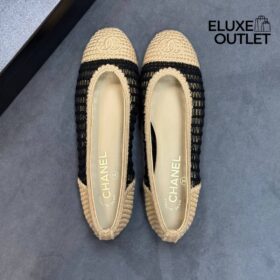 Raffia Ballet Flats Schwarz und Beige