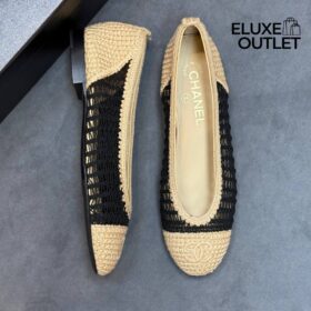 Raffia Ballet Flats Schwarz und Beige