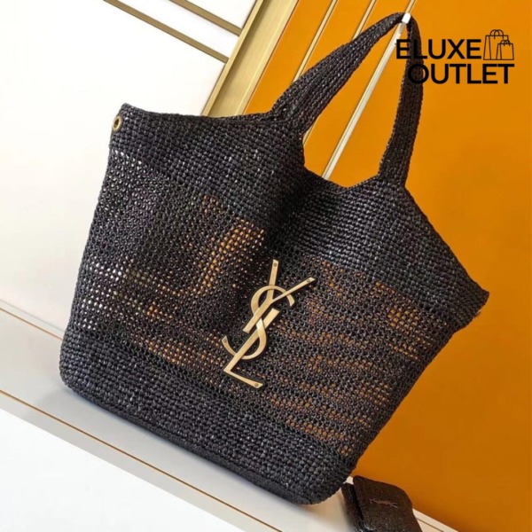 Maxi-Tote aus verziertem Raffia in Schwarz 38cm