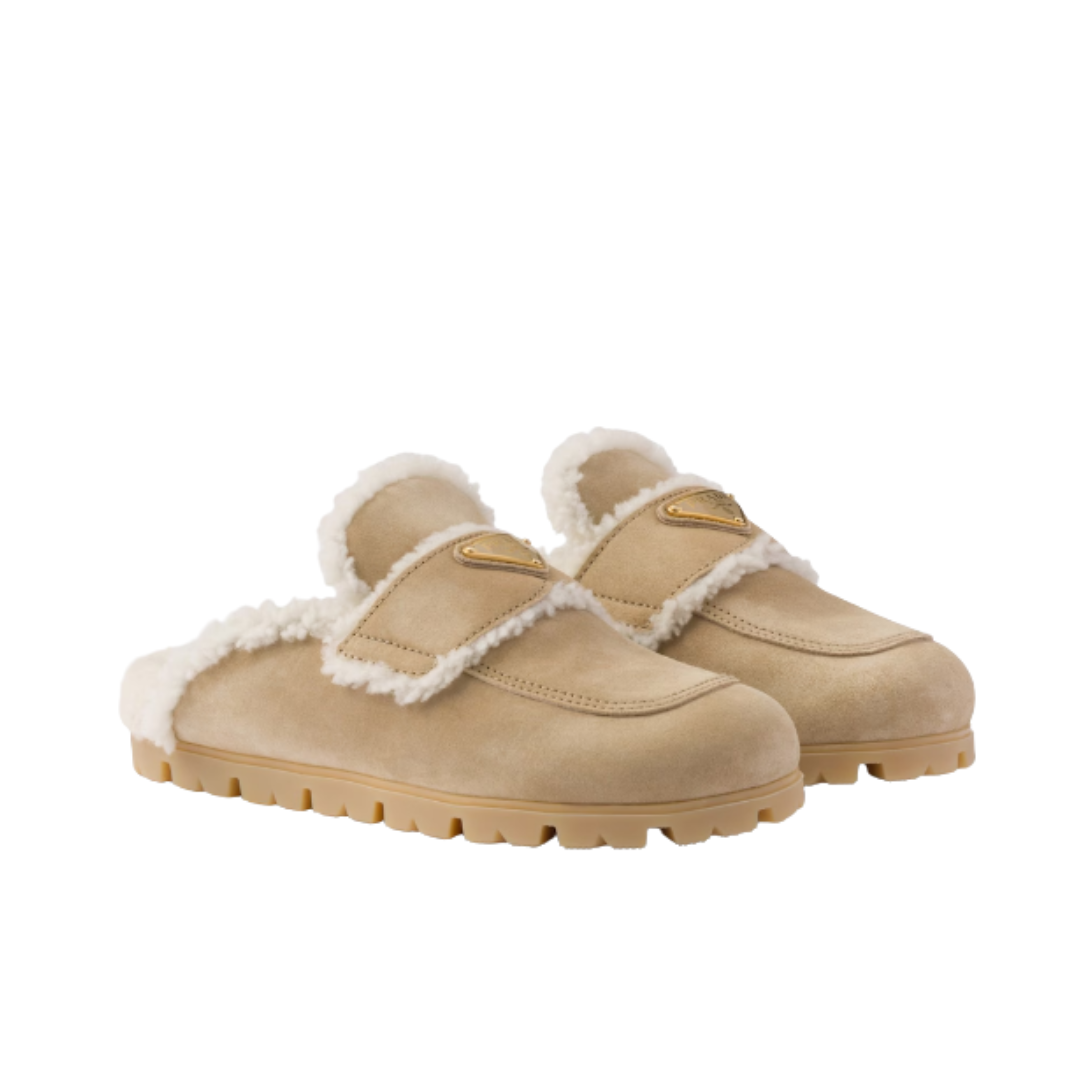 Suede and Shearling Ecru Slippers