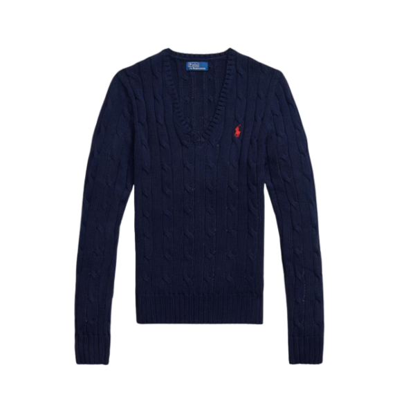 V-Ausschnitt-Pullover aus Zopfstrick Blaue