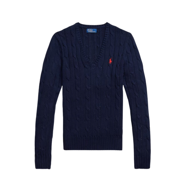 V-Ausschnitt-Pullover aus Zopfstrick Blaue