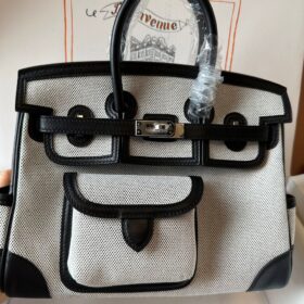 Birkin 25 Cargo Ecru-Schwarz Toile H Canvas - Schwarze Swift Palladium-Beschläge 25 cm