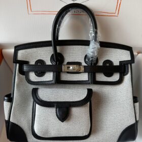Birkin 25 Cargo Ecru-Schwarz Toile H Canvas - Schwarze Swift Palladium-Beschläge 25 cm