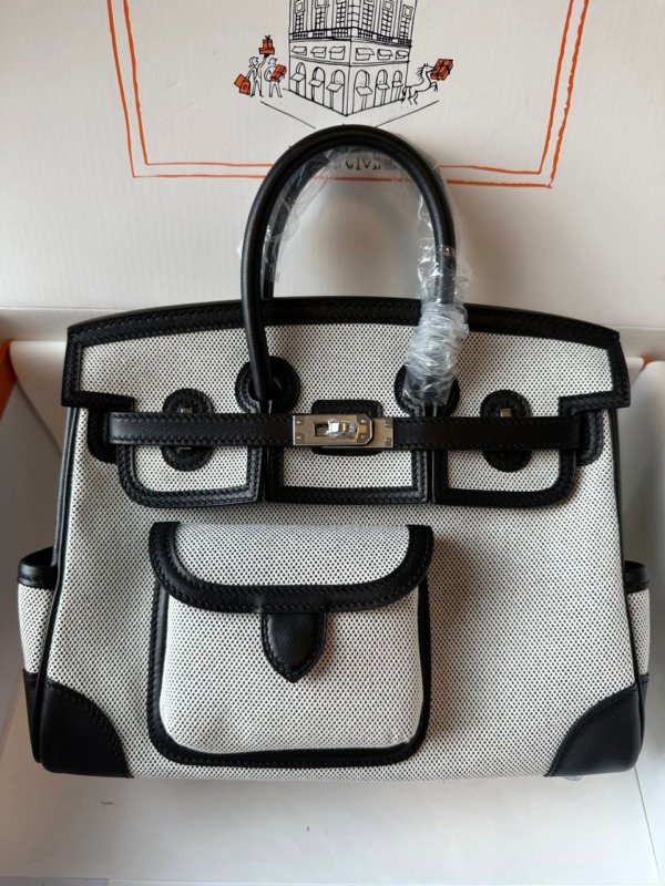 Birkin 25 Cargo Ecru-Schwarz Toile H Canvas - Schwarze Swift Palladium-Beschläge 25 cm