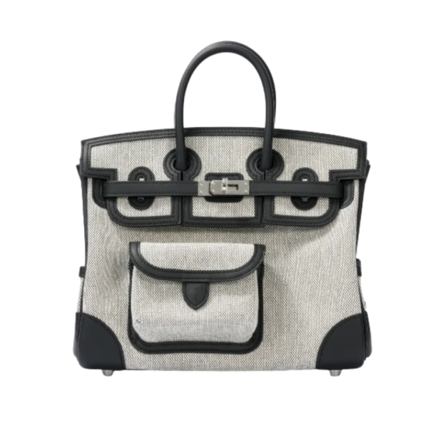 Birkin 25 Cargo Ecru-Schwarz Toile H Canvas - Schwarze Swift Palladium-Beschläge 25 cm