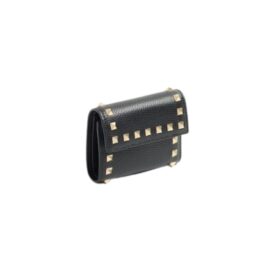 Rockstud Dreifach-Geldbörse aus genarbtem Kalbsleder 11 cm