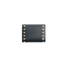 Rockstud Dreifach-Geldbörse aus genarbtem Kalbsleder 11 cm