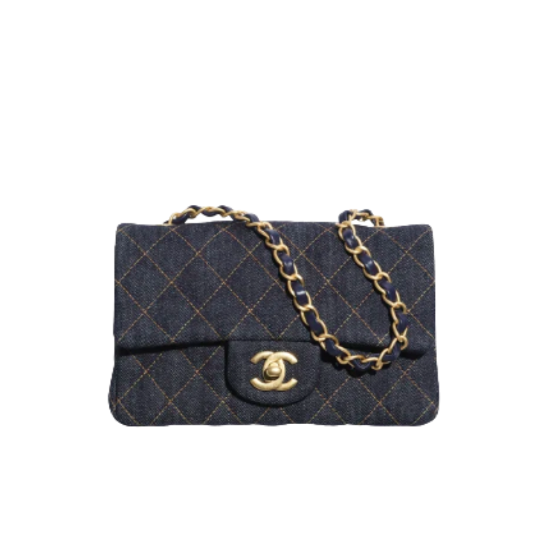 Mini Classic Handtasche Denim Dunkelblau/Gold 20 cm