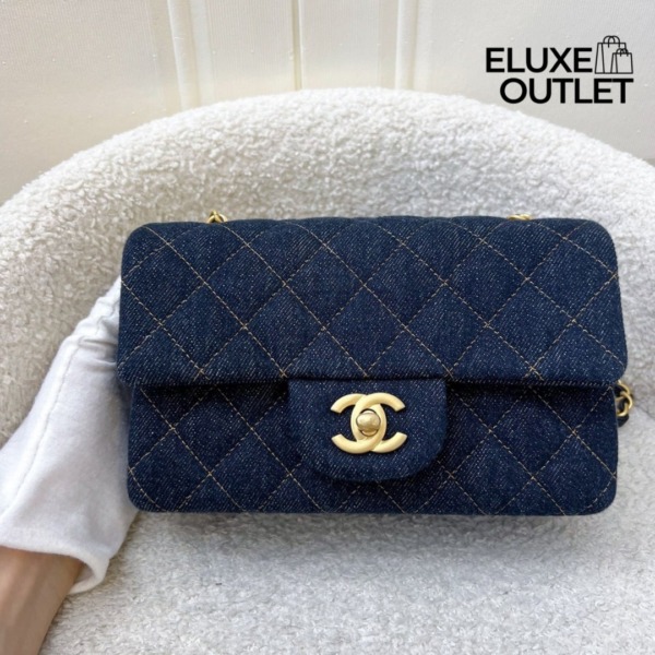 Mini Classic Handtasche Denim Dunkelblau/Gold 20 cm