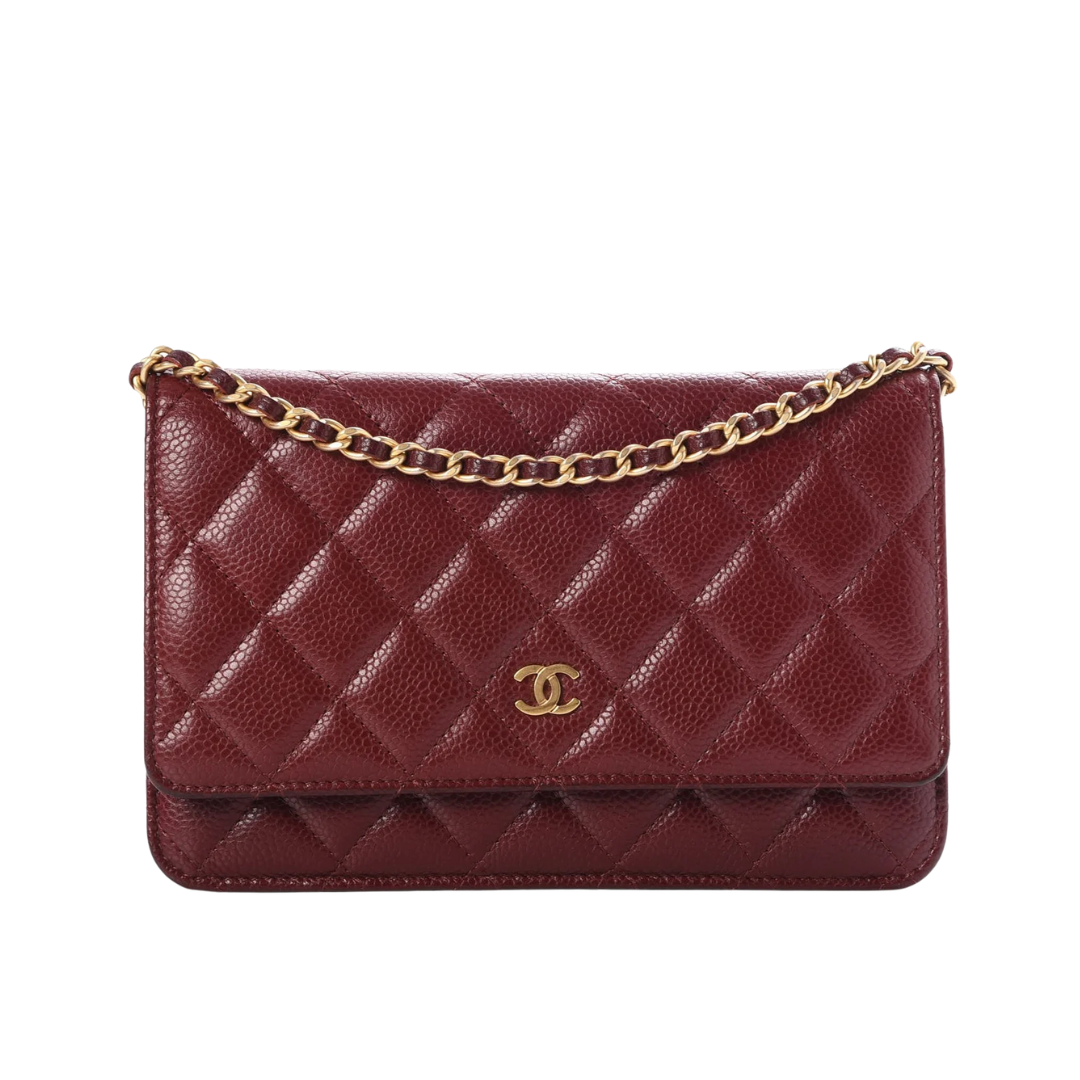 Burgundy Caviar Quilted Wallet on Chain 19 cm