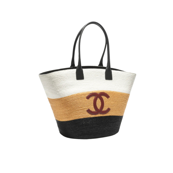 Maxi Tote aus Raffiabast und Kalbsleder Weiß/Dunkelbeige/Schwarz 60cm