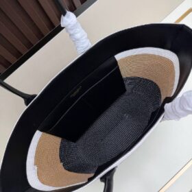 Maxi Tote aus Raffiabast und Kalbsleder Weiß/Dunkelbeige/Schwarz 60cm