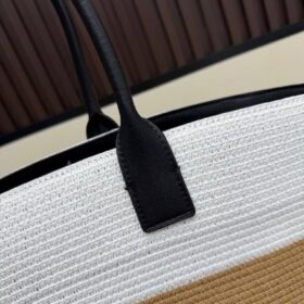 Maxi Tote aus Raffiabast und Kalbsleder Weiß/Dunkelbeige/Schwarz 60cm