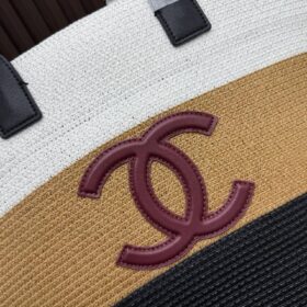 Maxi Tote aus Raffiabast und Kalbsleder Weiß/Dunkelbeige/Schwarz 60cm