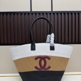 Maxi Tote aus Raffiabast und Kalbsleder Weiß/Dunkelbeige/Schwarz 60cm