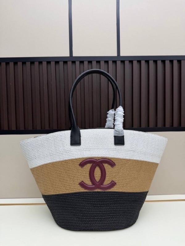 Maxi Tote aus Raffiabast und Kalbsleder Weiß/Dunkelbeige/Schwarz 60cm