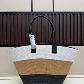 Maxi Tote aus Raffiabast und Kalbsleder Weiß/Dunkelbeige/Schwarz 60cm