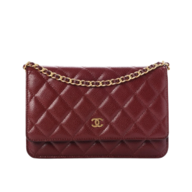 Burgundy Caviar Quilted Wallet on Chain 19 cm