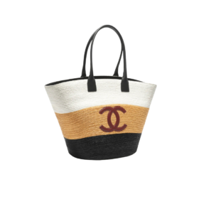 Maxi Tote aus Raffiabast und Kalbsleder Weiß/Dunkelbeige/Schwarz 60cm