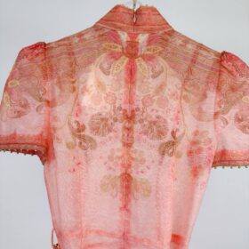 Pinkes belted Paisley Leinen- und Seiden-Midi-Kleid