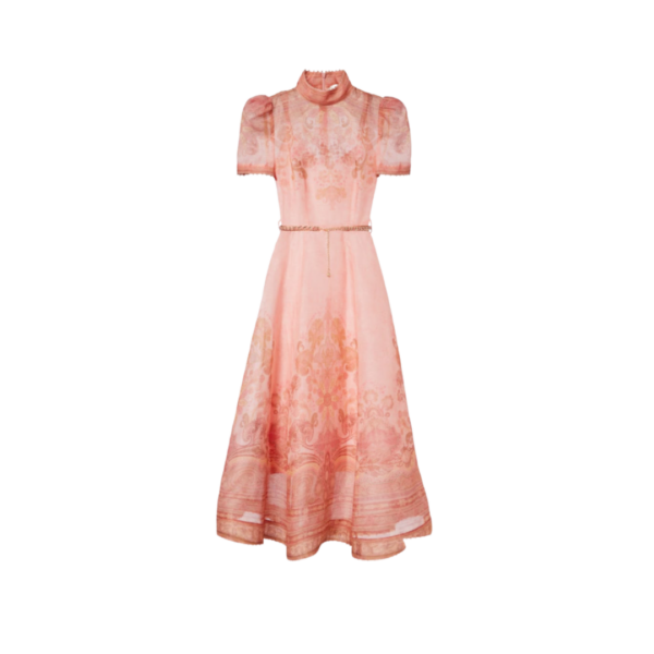 Pinkes belted Paisley Leinen- und Seiden-Midi-Kleid