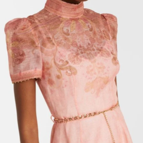 Pinkes belted Paisley Leinen- und Seiden-Midi-Kleid