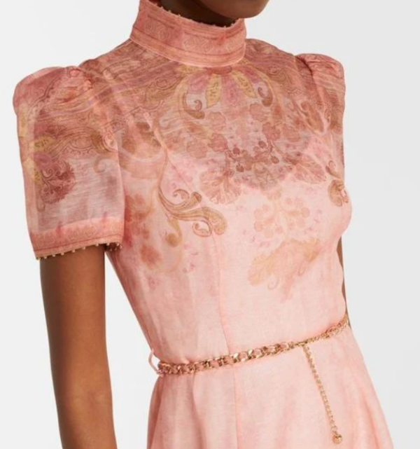 Pinkes belted Paisley Leinen- und Seiden-Midi-Kleid