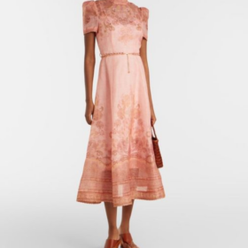 Pinkes belted Paisley Leinen- und Seiden-Midi-Kleid