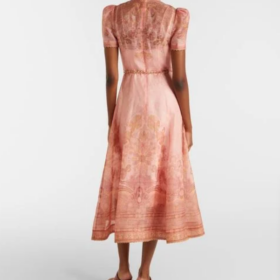 Pinkes belted Paisley Leinen- und Seiden-Midi-Kleid