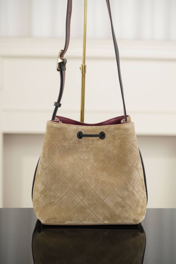 Bucket Bag Kalbsvelours, Kalbsleder & goldfarbenes Metall  Dunkelbeige & Schwarz 23cm