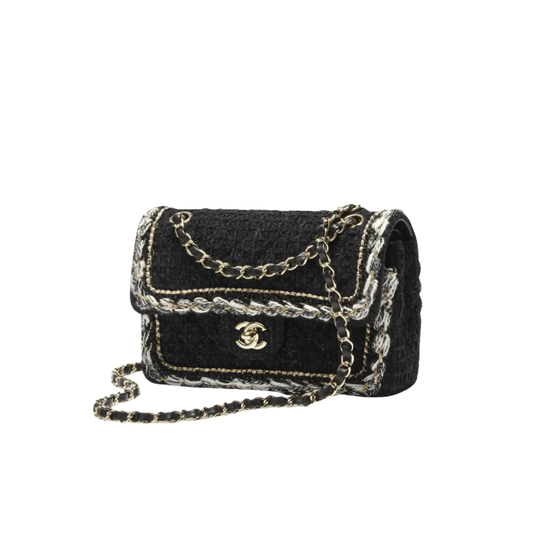 Kleine klassische Tasche aus Tweed und Goldmetall 23 cm