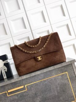 Maxi Flap Bag Metall in Goldoptik Dunkelbraun 39 cm