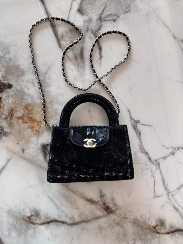 Mini Einkaufstasche Strass Schwarz/Gold 19 cm