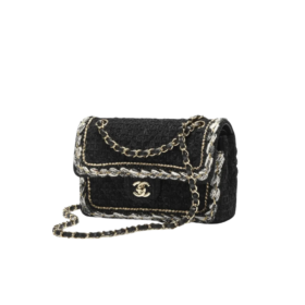 Kleine klassische Tasche aus Tweed und Goldmetall 23 cm