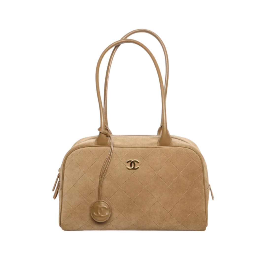 Bowling-Tasche aus Wildleder/Dunkelbeige 30 cm